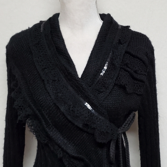 FORLA Paris Boho Goth Black Eyelet Lace Sequin Asymmetrical Tie-Waist Cardigan - Picture 5 of 16